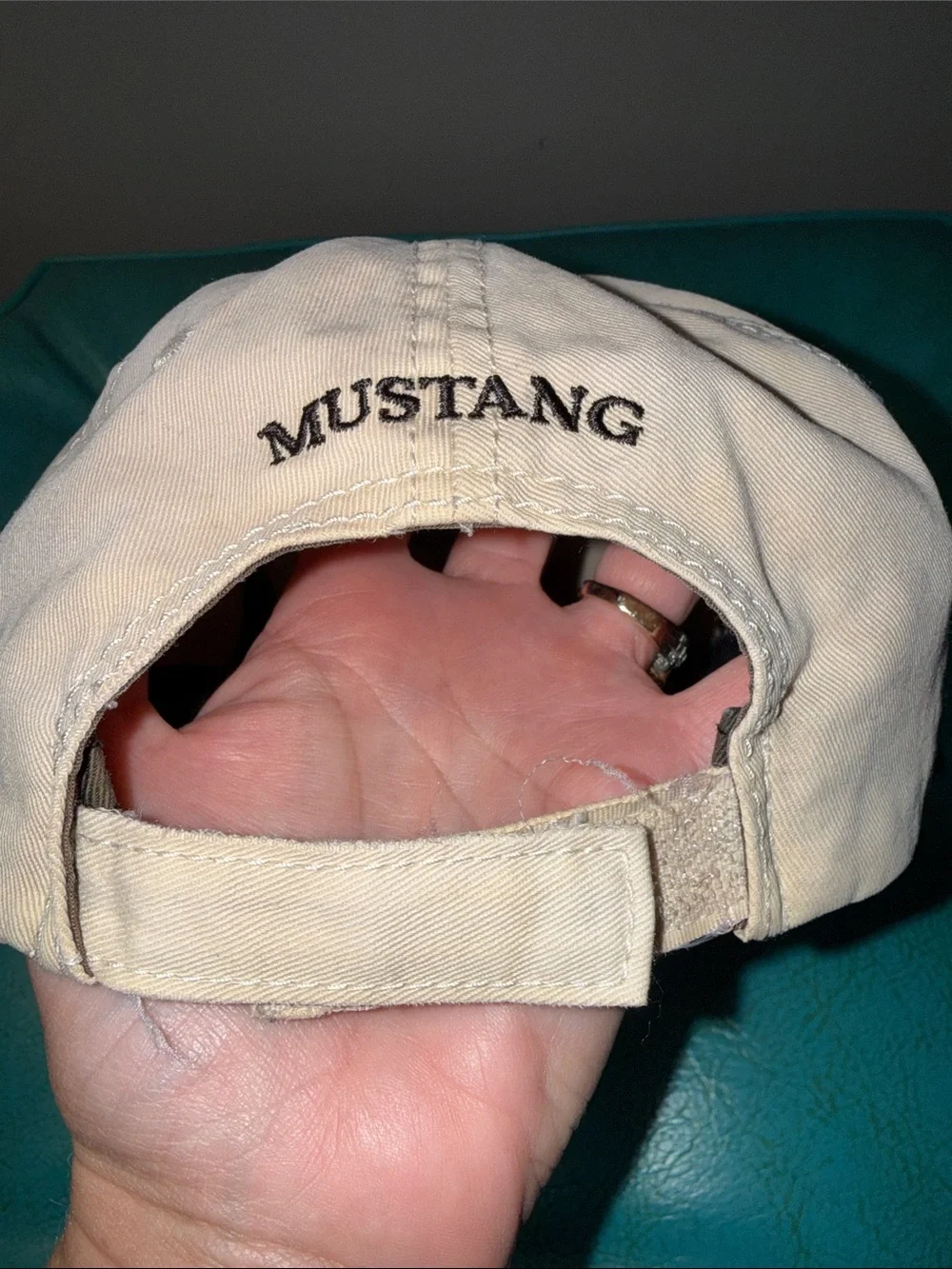Distressed worn embroidered Mustang Velcro back cap hat